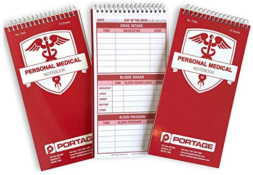 Portage Medical Journal – Medical Log Book to Track Drug Intake, Blood Sugar & Blood Pressure, Health Journey, Medical Diary with Template, Top Bound Spiral – 4x8 In, 70 Sheets, 3 Pack