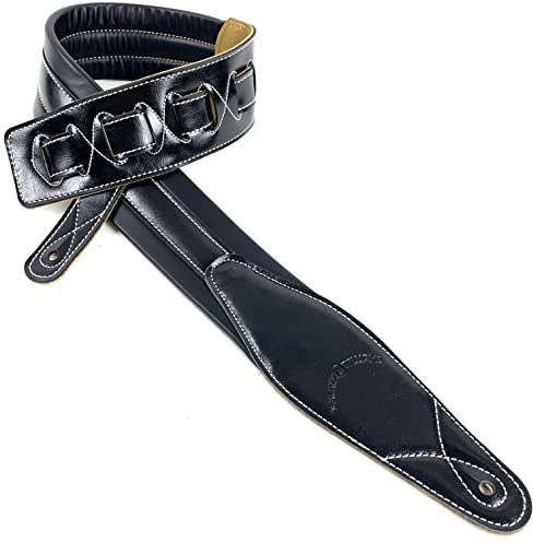 Walker & Williams C21 Schwarz Leder Gurt gepolstert für Gitarre oder Bass 7 cm breit