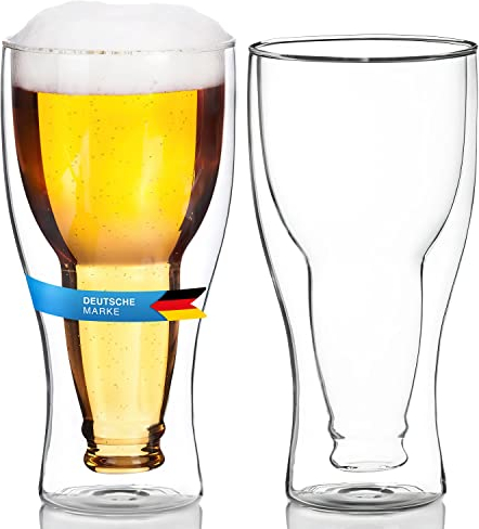 Dimono Doppelwandiges Bierglas 0,33 L Inside Out Umgestülpte Bierflasche im Glas (2 Gläser)