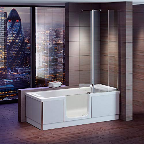 Badewanne mit Tür, Seniorenbadewanne 170x75x57,5cm mit Duschkabine,Wannenschürze und Ablauf/Sifon, Ausführung LINKS