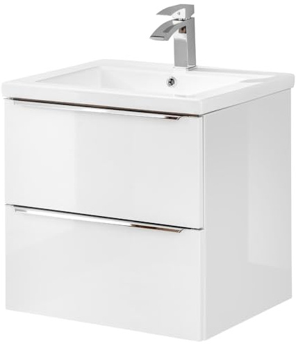 Lomadox Badezimmer Waschtisch-Unterschrank Set, Hochglanz weiß, 61cm Keramik-Waschbecken, 2 gedämpfte Softclose-Schubkästen, B/H/T ca, 61/61/46 cm