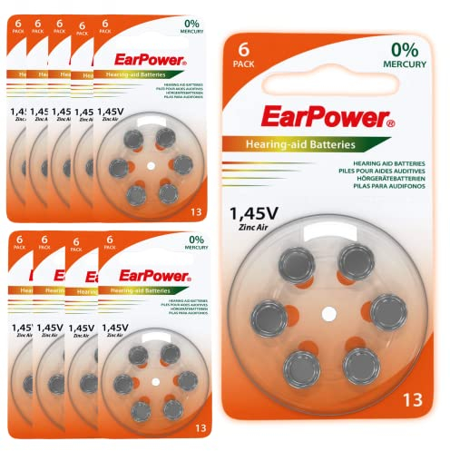 60 EarPower 13 Hearing Aid Batteries (Set of 10 x 6 Batteries) | Batteries for Hearing Aid Devices, Mercury Free Battery | PR48 - Zinc Air - Voltage 1.45V | Size 13, A13, P13 | Colour Code : Orange