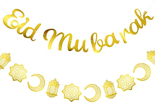 2 Stücke Eid Mubarak Dekoration Ramadan Mubarak Banner Gold Glitzernd Eid Banner und Mond Sterne Laterne Girlande Hängen Eid Mubarak Dekoration für Haus Party Lieferung