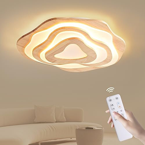 LED Deckenleuchte wohnzimmer Holz Ø60cm 50W 4300lm,Deckenlampe Dimmbar mit Fernbedienung, Moderne Wohnzimmerlampe & Schlafzimmerlampe, Unregelmäßiges Runde LED Holzoptik Lampe mit Memory, Nachtlicht