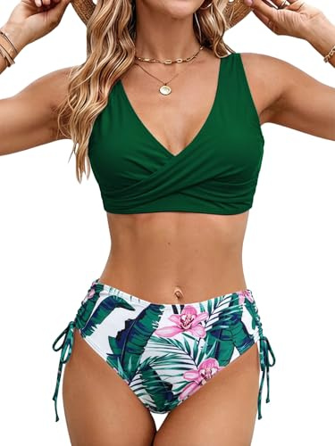 Rayson Costumi da Bagno Donna a Vita Alta Due Pezzi Bikini Set in Due Pezzi a Push Up Imbottito Reggiseno Tummy Control con Cinturino Laterale Beachwear Swimwear