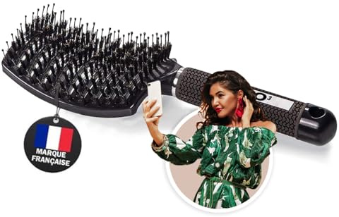 O³ Brosse Cheveux Démêlante Noire - NE TIRE PAS - Femme & Enfant | Poil de Sanglier 100% Naturel - Tous Types de Cheveux - Brushing, Sèche-Cheveux, Anti-Frisottis - Pour démêler en douceur !