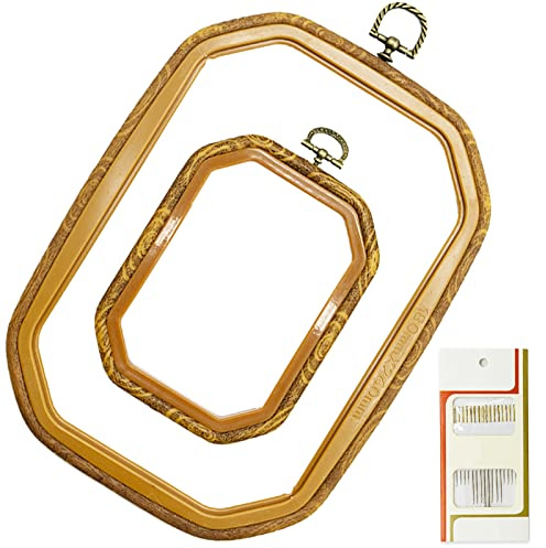 LAMXD 2 Sizes Imitated Wood Rectangle Round Embroidery Hoop Set Plastic Circle Cross Stitch Hoop Rings for DIY Craft Sewing,Including 16pcs Gold Eye Sewing Needles