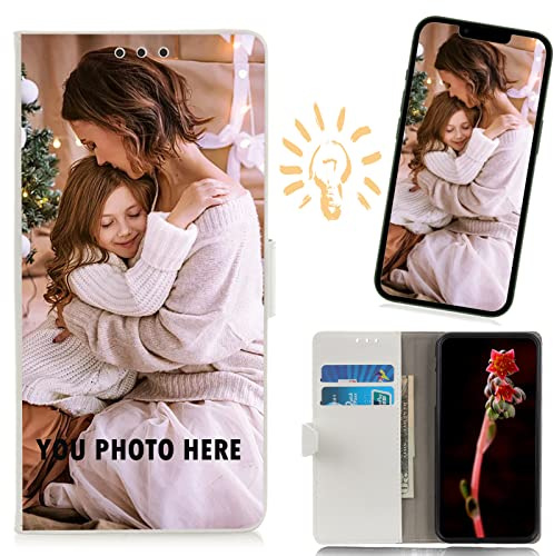 CXKJ Lederhülle für iPhone 13 Personalisierte Handy Hülle,mit Eigenem Foto Bild Text Individuelle Schutzhülle,Leder Flip Case Schutzhülle Stoßfest Bumper Hülle - White