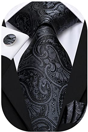 Hi-Tie Herren Krawatte Schwarz Paisley/Plaid/Streifen/Einfarbig Krawatten Set Einstecktuch Manschettenknöpfe Business Formal Hochzeit Meeting Geschenkbox,schwarzes Paisley