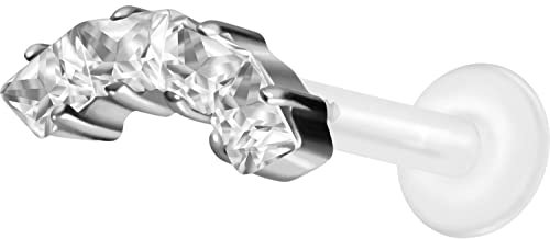 PIERCINGLINE PTFE Labret mit Gewinde Titan Aufsatz EINGEFASSTE KRISTALLTRAPEZE Piercing Lippe Nase Ohr Helix Tragus Medusa Silberfarben 4 Kristalle 1,2 x 6 mm