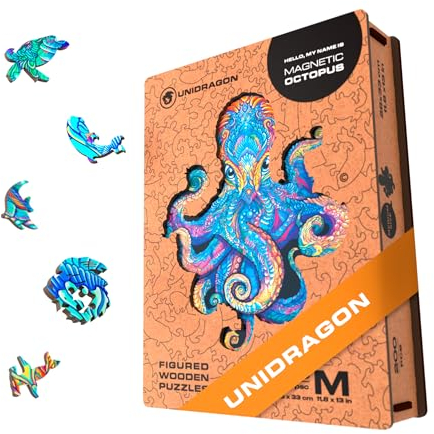 UNIDRAGON Original Holzpuzzle — Magnetischer Oktopus, 200 Teile, Mittel 28 x 33 Zoll (11.2 x 13 cm) Schöne Geschenkverpackung, Einzigartige Form Erwachsene und