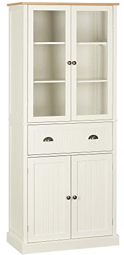 HOMCOM Küchenschrank Hochschrank mit 4 Türen und Schublade Buffetschrank Vitrinenschrank mit Verstellbaren Ablagen, Cremeweiß, 76 x 40 x 182,5 cm