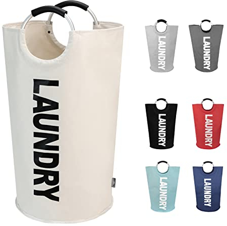 DOKEHOM 90L Großer Wäschekörbe, Zusammenklappbare Wäschesack, Freistehender Hoher Wäschesammler, Faltbare Wäschebehälter (Beige)