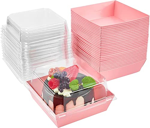 LATERN Cake Slice Boxes with Clear Lids - 50 Pcs, 12CM Oil-Proof Paper Dessert Food Containers for Bakery, Macaron, Sandwich Cookies (Pink)