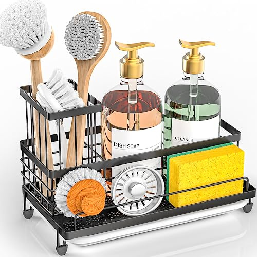 Cisily Sink Caddy Kitchen Sink Organizer, Sponge Holder for Kitchen Sink with Removable Drip Tray for Countertop Dish Soap Holder Dispenser Higher Brush Holder, 304 Stainless Steel Cocina Accesorios