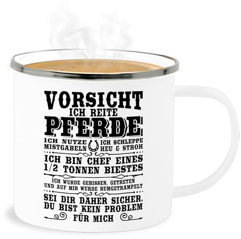 Emaille Becher Blechbecher - Tassen - Vorsicht ich reite Pferde - 300 ml - Weiß Silber - sprüche pferd reit tasse reiter reiterin pferdebesitzer horse pferden pferde-print pferdesprüche (pferd)