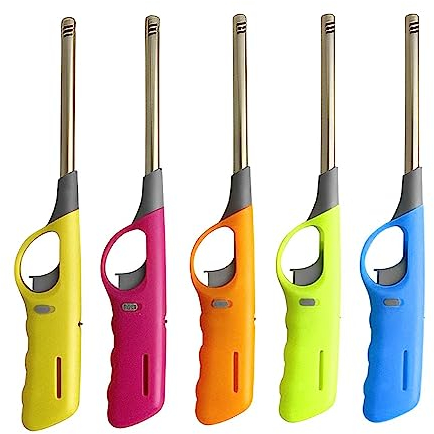 5 x Refillable Lighter Gas Adjustable Flame Windproof Long Reach Candle Lighter for Kitchen Cooking BBQs Camping Wood Burner & Fireworks (Assorted Colors)