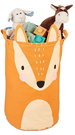 Relaxdays Aufbewahrungskorb für Kinder, Fuchs-Motiv, faltbar, H x D: 56 x 35 cm, Spielzeugkorb mit Henkeln, orange/Creme