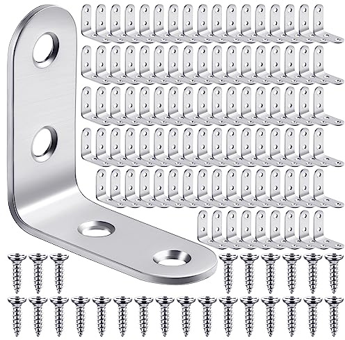 Pelopy 100 Pcs L Shaped Bracket Corner Brace Stainless Steel 90 Degree Corner Brace Heavy Duty Right Angle Bracket for Wood Furniture Chair Drawer Cabinet with Screws (1.57 x 1.57 Inch)
