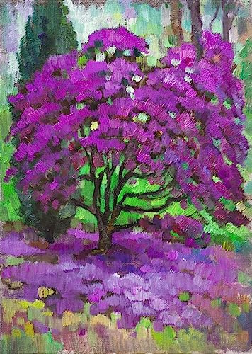 Rhododendron bush in the garden - The original, unique, high quality Landscape oil painting by artist Vera Bondare 2022, Handmade artwork, Wall Art : 21 × 30 cm - VBP220502