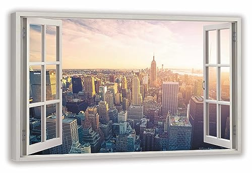 HUBDECO Leinwandbild Fensterblick Bilder New York Bild 120x80 cm - Landschaftsbilder auf Leinwand - Wandbilder Wohnzimmer - Bild Fenster mit Ausblick - Aesthetic Room Decor - Wanddeko Schlafzimmer