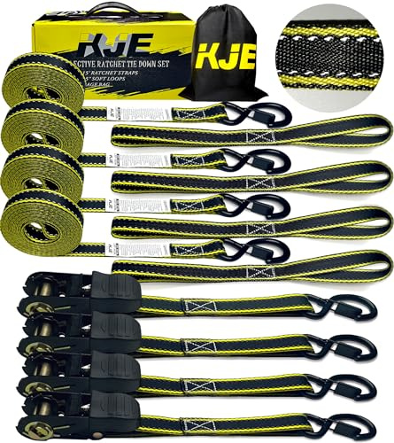 KJE Reflective Ratchet Straps, (4) 1 x 15' Tie Down Strap Sets + (4) Soft Loops, TPR Handles & Coated S Hook W/Safety Clip, 2100lb Break Strength, Cargo Strap for Motorcycle, ATV