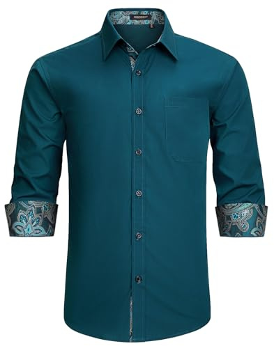 HISDERN Mens Dress Shirt Long Sleeve Button Down Stretch Smart Shirt for Men Adult Regular Fit Designer Formal Business Wedding Non Iron with Pockets,Teal-2,M