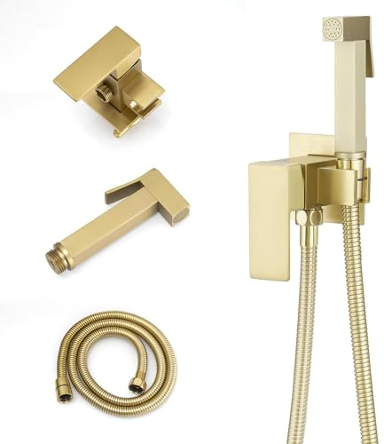 BWE Handheld Toilet Bidet Sprayer for Toilet with Adjustable Water Pressure Hot and Cold Bidet Spray Set Toilets Bidets Wall Mount Cleaning Faucet Jet for Feminine Wash, Brushed Gold