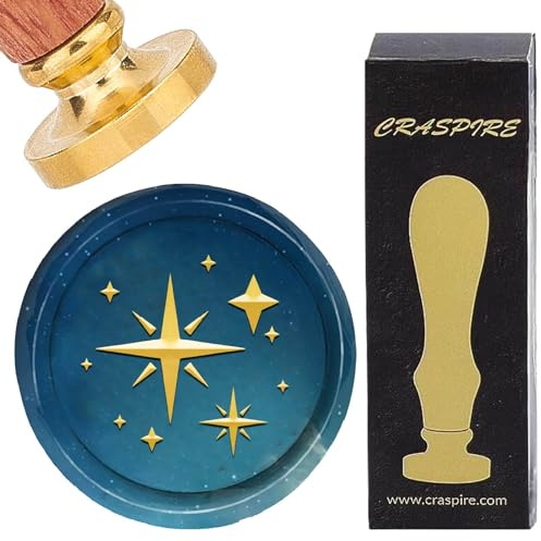 craspire Glänzende Sterne Wachs-Siegelstempel, Funkelnder Achtzackiger Stern, Vintage, Abnehmbarer Messing-Siegelstempelkopf 30 mm Mit Holzgriff Für Umschläge, Einladungskarten, DIY-Bastelarbeiten