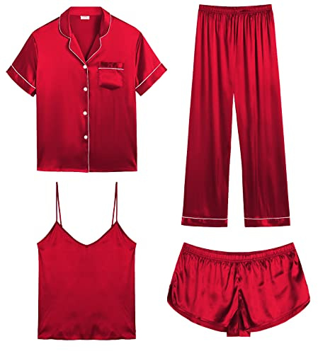 SWOMOG Ensemble de pyjama en satin pour femme, court, 4 pièces, manches courtes, ensemble de vêtements de nuit, chemise et short en soie, pyjamas pour femmes, tailles XS-XXL, rouge1, XS