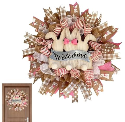 Osterhasenkranz, Osterkranz für die Haustür,Künstliche Ostergirlande | Osterkranz mit Hasen und Bändern, 30 cm große Weihnachtsdekoration, Willkommenskranz für Wand, Zuhause, Innenbereich, Fenster