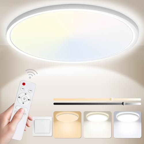 Yexati Plafoniera LED Soffitto Dimmerabile 24W 3200LM, Lampada da Soffitto con Telecomando 3000K-6500K IP54 Rotonda Piatta Sottile per Soggiorno Bagno Cameretta Cucina Seminterrato Ufficio Ø29.5CM