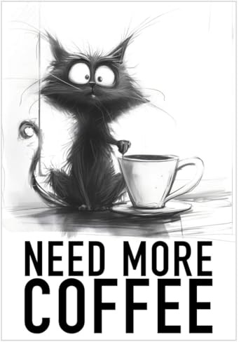 Casapixo Poster Kaffee Katze MORE COFFEE | Wandbild Küche Deko Bilder schwarz-weiß Spruch | Büro Deko DIN A4 Wallart | Coffee Cat