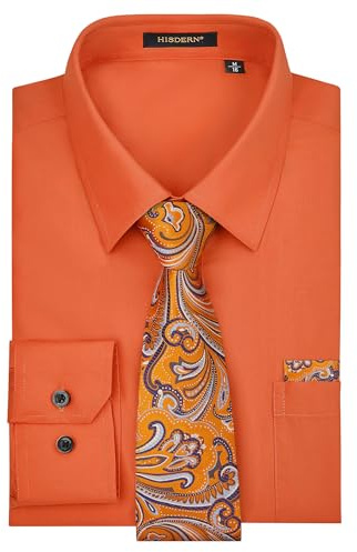 HISDERN Chemise Orange Homme Manches Longues Chemise Cravate Élégante Mariage Party Regular Fit XL