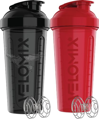 VELOMIX 2 Pack 828ml Shaker Proteinshake, Rot/Schwarz | 2x Edelstahlkugel, Auslaufsicherer Eiweiß Shaker Becher für Protein Shaker, Spülmaschinenfest, Gym und Fitness