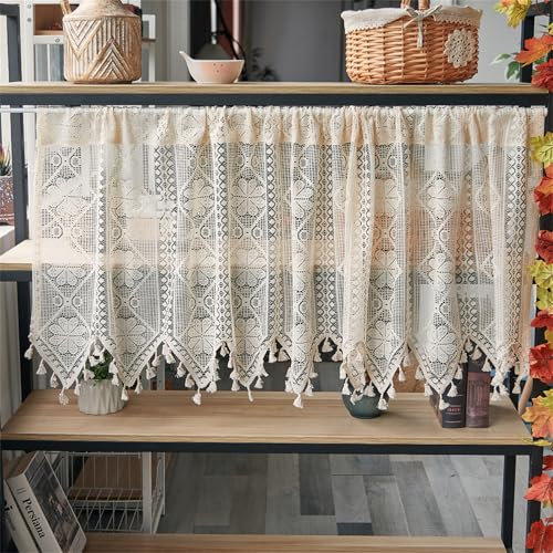 Champracer Häkeloptik Scheibengardine, Landhausstil Häkeln Stricken Handgemacht Scheibengardine, Gardinen mit Quasten, Bistrogardine Boho Vorhang Kurzstore, Küchengardine (beige,BxH 150x60 cm)