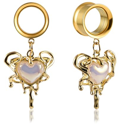 DOEARKO Ohr Tunnel 1 Paar Double Flared Flesh Tunnel mit Herz Anhänger Edelstahl Ohr Piercing Schmuck Expander Ohrplugs für Frauen und Männer (Gold, 10MM)