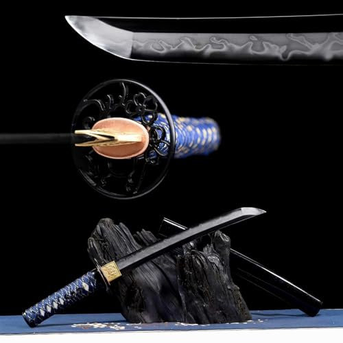55cm handgefertigtes Wakizashi,Klinge aus T10-Stahl mit Von Hand abgefeuertes Flammenmuster,Scheide aus Massivholz mit Lack,echtes Katana Schwerts für Kendo-Training,Fitness,Rollenspiele,Geschenke