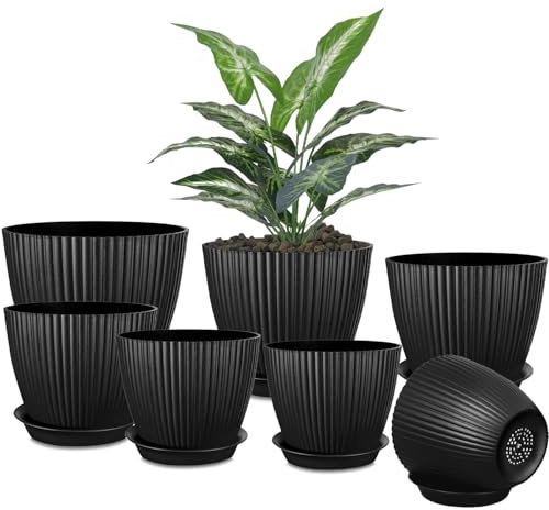 Lighterday 7 Pcs Plant Pots Indoor,18/17/16/14/13/11/10cm Indoor Outdoor Plant Pots,Large Plastic Flower Pots with Drainage Holes and Trays,Suitable for House Plant Flower (Black)
