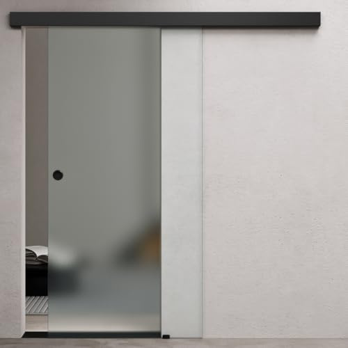 Durovin 775 * 2050mm Internal Sliding Glass Door - Fully Frosted - Black Round Handle & Rail - with Soft Close & Track 5ft for Bathrooms Kitchens Living Room Bedroom
