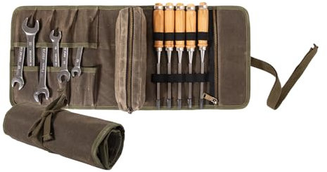 Heavy Duty Waxed Canvas Tool Roll with Detachable Zipper Pouch & 7 Storage Slots & Tie Rope - Organization Bag for Mechanics, Plumbers, & Truckers