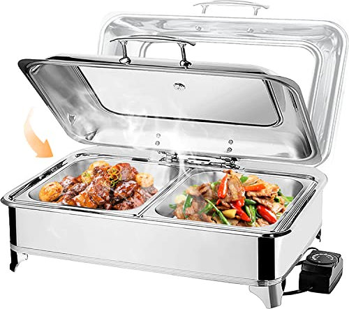 Chafing Dish Electrico de Acero Inoxidable 9L, Calentador de Comida Comercial, Temperatura Ajustable para Buffet con Tapa Visible (Full Pan)