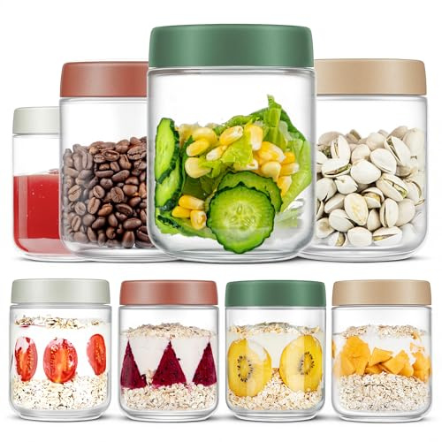 Vtopmart 8 Pack Overnight Oats Jar, 16 oz Breakfast Pots Leakproof Overnight Oats Container, for Yogurt, Cereals, Milk, Fruit, Condiment, Dressing Sauce, Snacks, Juice