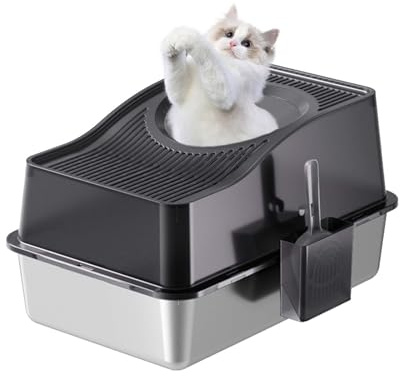 Aptliton Caja de arena para gatos de acero inoxidable cerrada, bandeja grande de acero inoxidable para gatos con tapa/cuchara, inodoro cubierto extra de 15 pulgadas de profundidad para gatitos