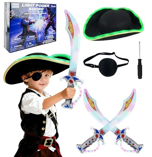 SANCO Pirate Sword for Kids - 19.5 Light Up Swords Set with LED Hat & Eye Mask, Motion Activated Clanging Sounds, Cosplay Accessories for Themed Party, Christmas Birthday Gifts for Boys & Girls