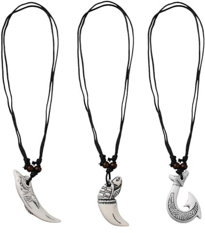 HOBBIESAY 3Pcs 3Styles Shark Tooth Pendant Necklace Fishhook Pendants Necklaces Tortoise Pendant Waxed Cord Necklace Surfer Leather Necklaces for Beach Surfer Women Men
