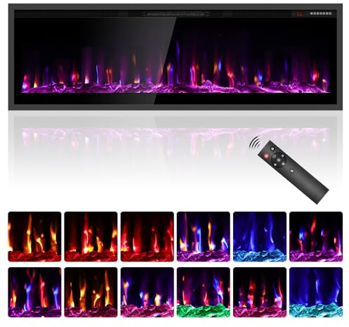 Quiniver 50 Inch Inset Electric Fire Wall Recessed Mount Fireplace Heater | 1500W/750W heat, adjustable flames, remote & touch control, 8H, 40dB quiet, overheat safety, cool tempered glass, UKCA CE