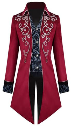 Herrfrack, medeltida kappa viktoriansk jacka herr, medeltida frackjacka för steampunk, vintage frack, halloweenkostym herr steampunk gotisk medeltida vintage frack, röd, XXL