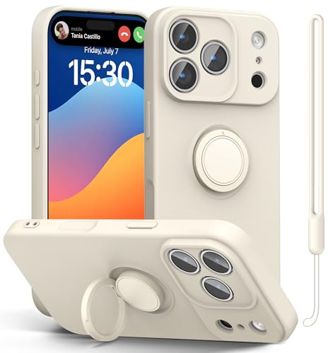 pcgaga Silicone Phone Case for iPhone 17 Pro Max 6.9 Inch with [Ring Holder Stand] [Wrist Strap] [Microfiber Lining] Slim Shockproof Protective Cover, 6.9, White Stone
