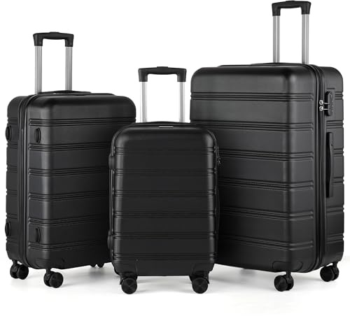 TANTOMI Kofferset 3 Teilig Hartschale aus ABS– Kofferset 20/24/28 Zoll, Reisekoffer mit 4 Drehbaren Rollen und 3 Stelige-Zahlenschloss (Gepäck-Sets–M-L-XL, Schwarz)